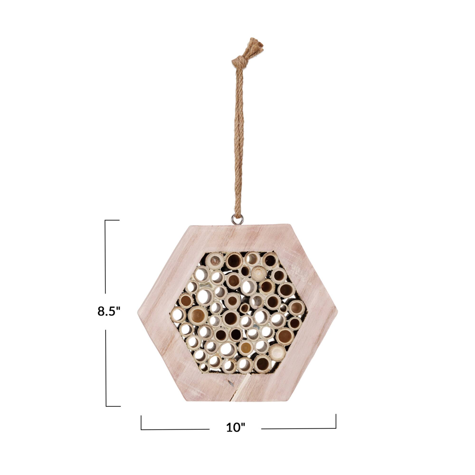 Hello Honey® 10" Natural Paulownia Wood & Bamboo Hexagon-Shaped Insect House with Jute Hanger